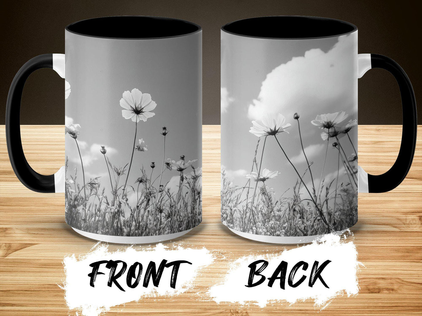 Black and White Flower Mug, Floral Mug with Wildflowers, Nature Inspired Coffee Mug, Unique Gift for Flower Lovers, Ceramic Mug