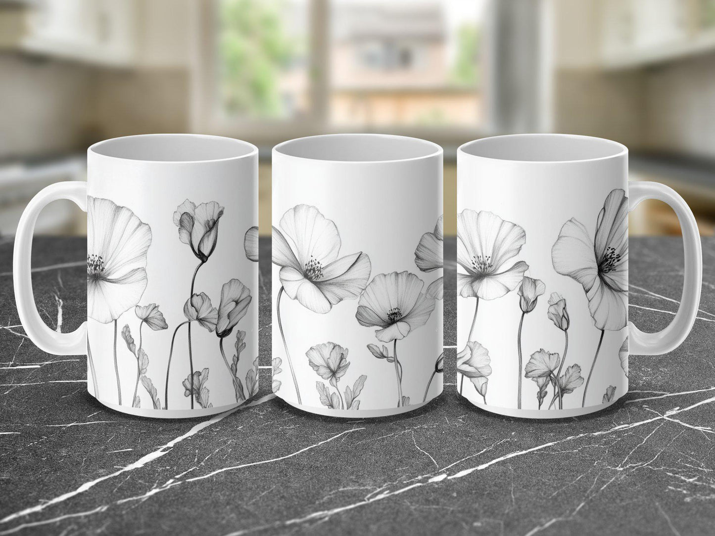 Floral Sketch Mug, Black and White Flower Mug, Botanical Art Mug, Artistic Flower Design Mug, Modern Floral Coffee Cup