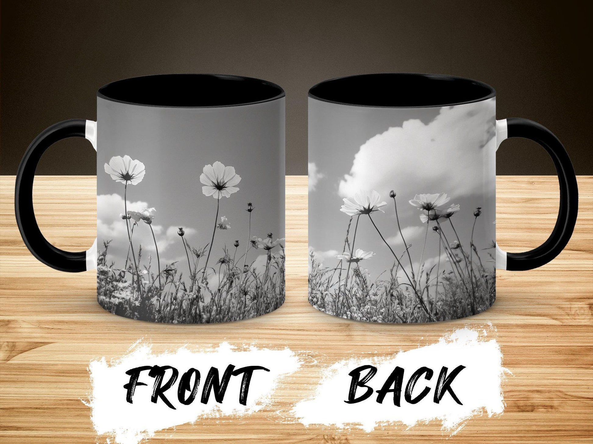 Black and White Flower Mug, Floral Mug with Wildflowers, Nature Inspired Coffee Mug, Unique Gift for Flower Lovers, Ceramic Mug