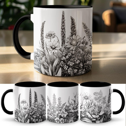 Beautiful floral sketch mug, Botanical flower illustration coffee cup, Artistic nature-inspired drinkware, Unique gift for plant lovers