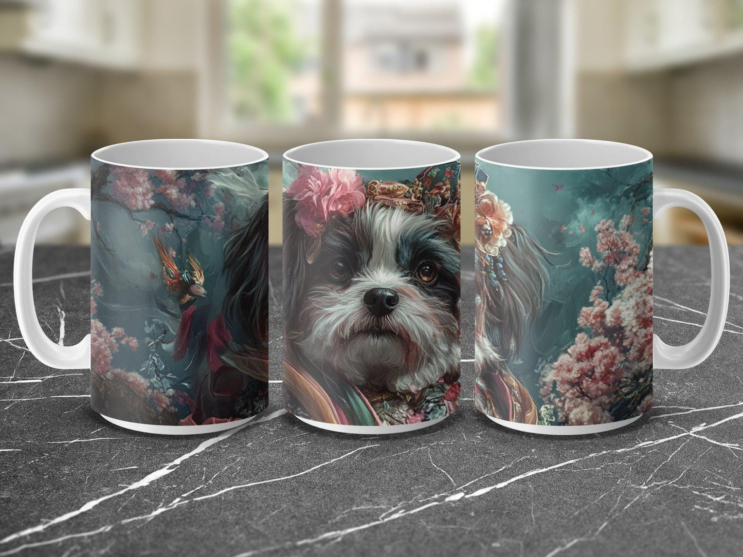 Cute Floral Dog Mug, Adorable Dog in Flowers Coffee Mug, Unique Gift for Dog Lovers, Artistic Dog Print Mug, High-Quality Ceramic