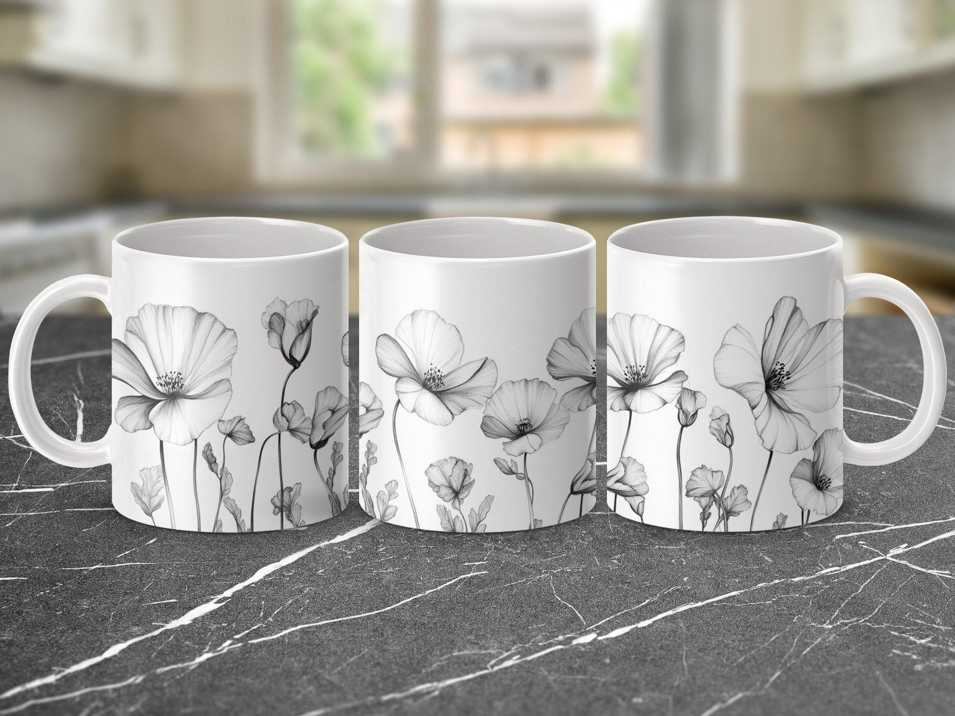 Floral Sketch Mug, Black and White Flower Mug, Botanical Art Mug, Artistic Flower Design Mug, Modern Floral Coffee Cup