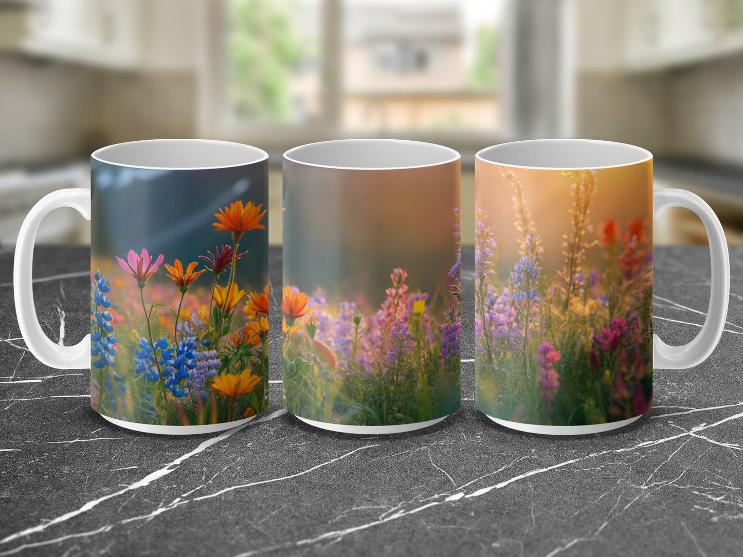 Colorful Wildflowers Sunrise Mug, Nature Inspired Coffee Cup, Vibrant Floral Scene, Perfect Gift for Flower Lovers, Artistic Mug