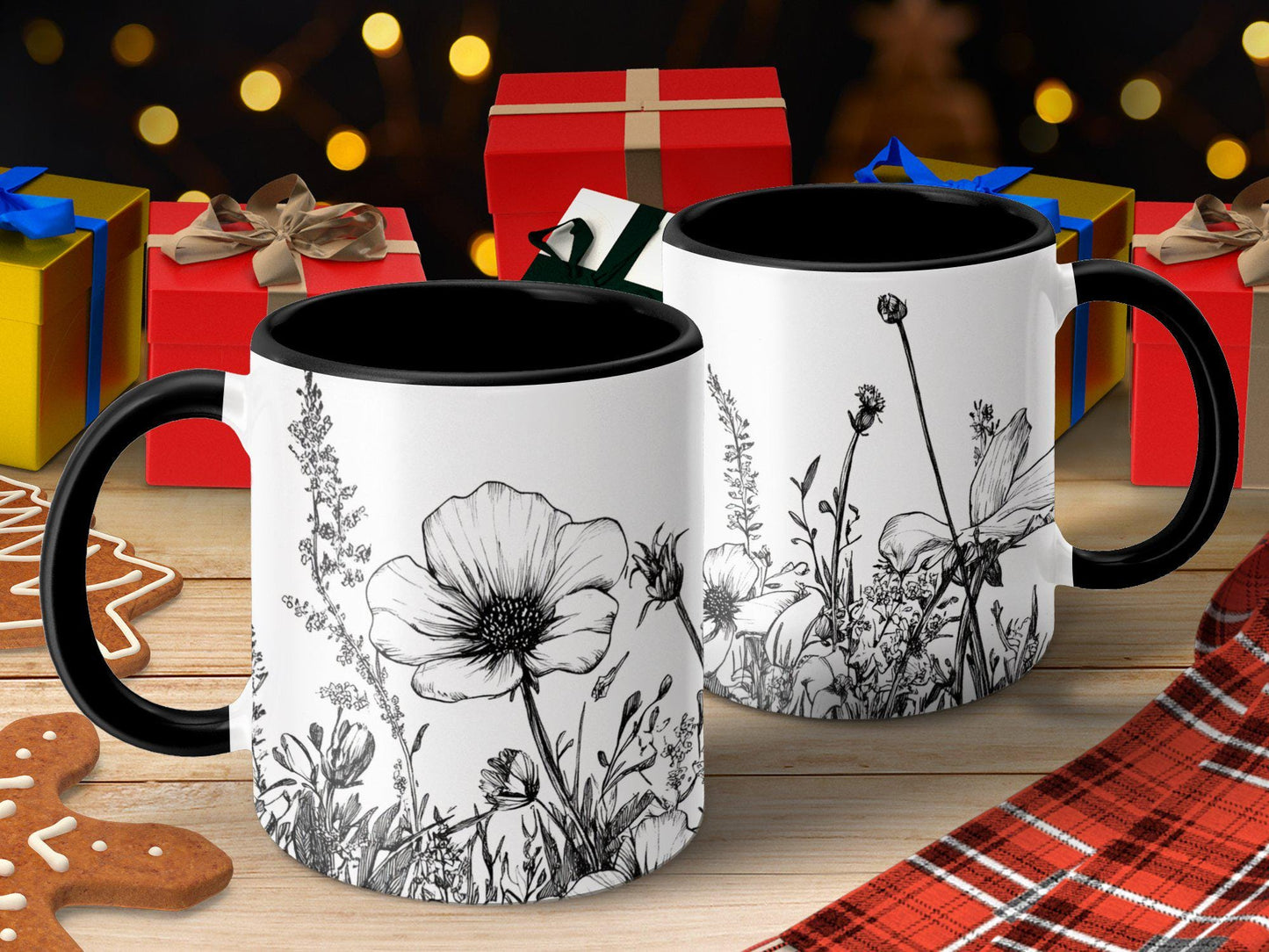 Floral coffee mug, Black and white flower design, Botanical tea cup, Artistic floral print, Wildflower sketch mug, Unique gift idea