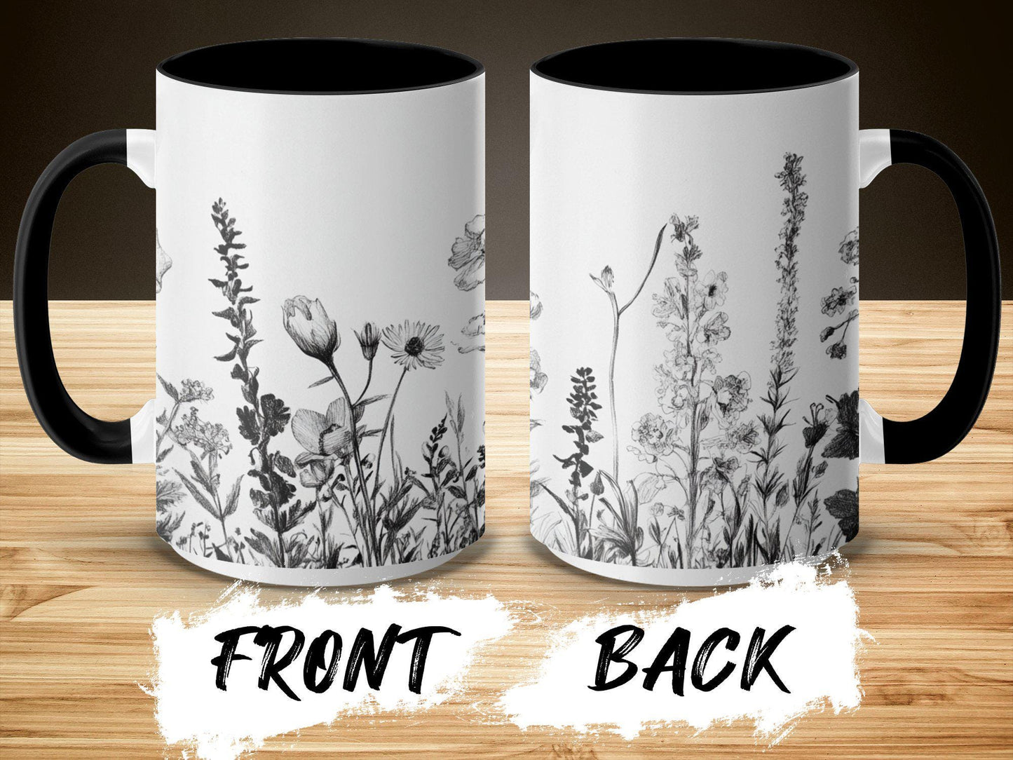 Vintage Floral Art Mug Hand Drawn Botanical Print, Coffee Tea Cup, Black and White Flower Illustration, Gift for Nature Lovers