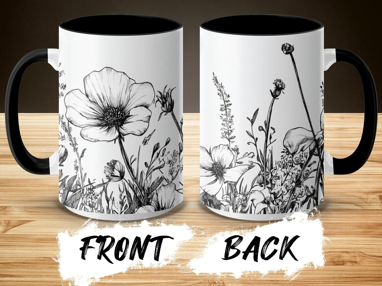 Floral coffee mug, Black and white flower design, Botanical tea cup, Artistic floral print, Wildflower sketch mug, Unique gift idea