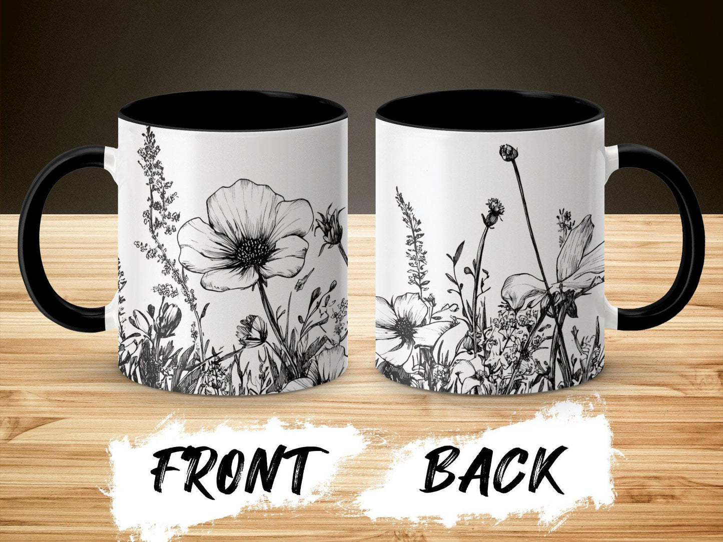 Floral coffee mug, Black and white flower design, Botanical tea cup, Artistic floral print, Wildflower sketch mug, Unique gift idea