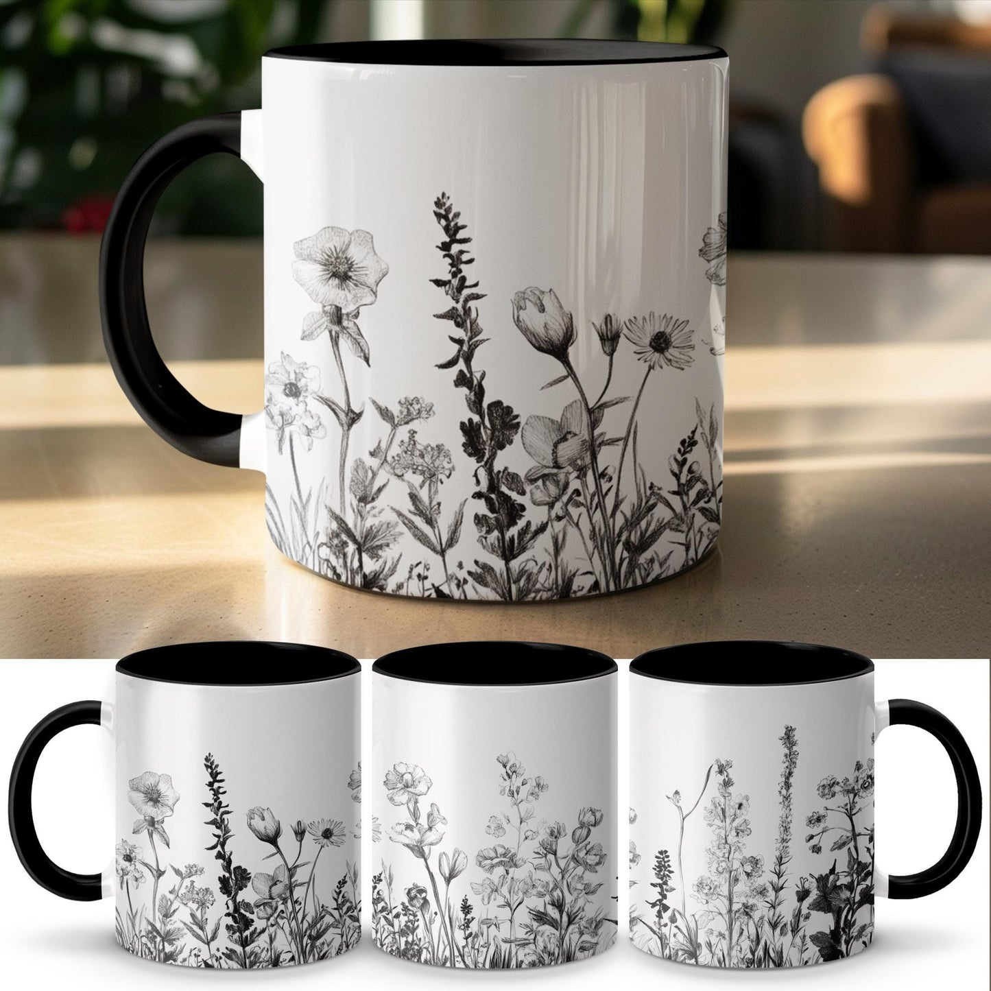 Vintage Floral Art Mug Hand Drawn Botanical Print, Coffee Tea Cup, Black and White Flower Illustration, Gift for Nature Lovers