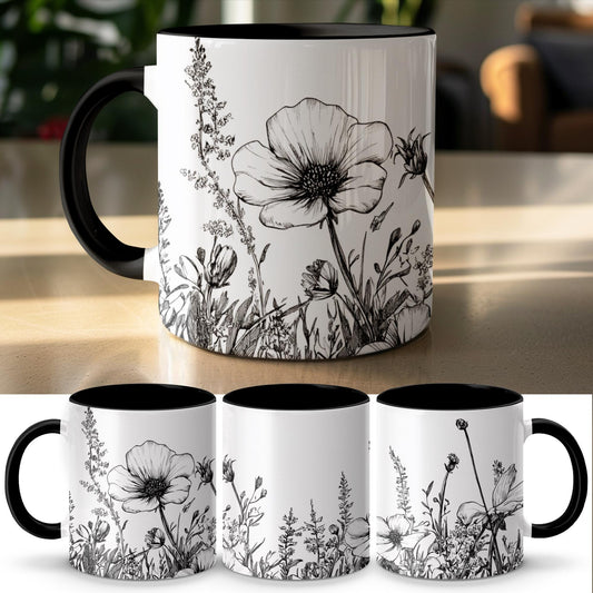 Floral coffee mug, Black and white flower design, Botanical tea cup, Artistic floral print, Wildflower sketch mug, Unique gift idea