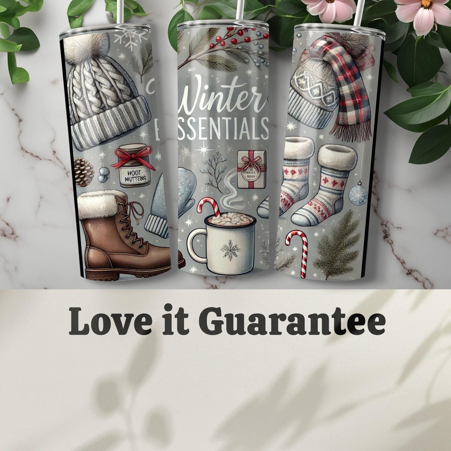 Winter Essentials Tumbler with Cozy Hot Chocolate Winter Accessories Festive Mugs Warm Mittens Cute Socks Great Gift Idea