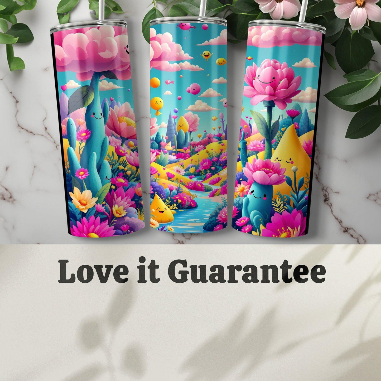 Cute Pastel Fantasy Happy Face Tumbler, Colorful Whimsical Nature Design with Smiling Clouds, Lotus Flowers, Perfect Gift