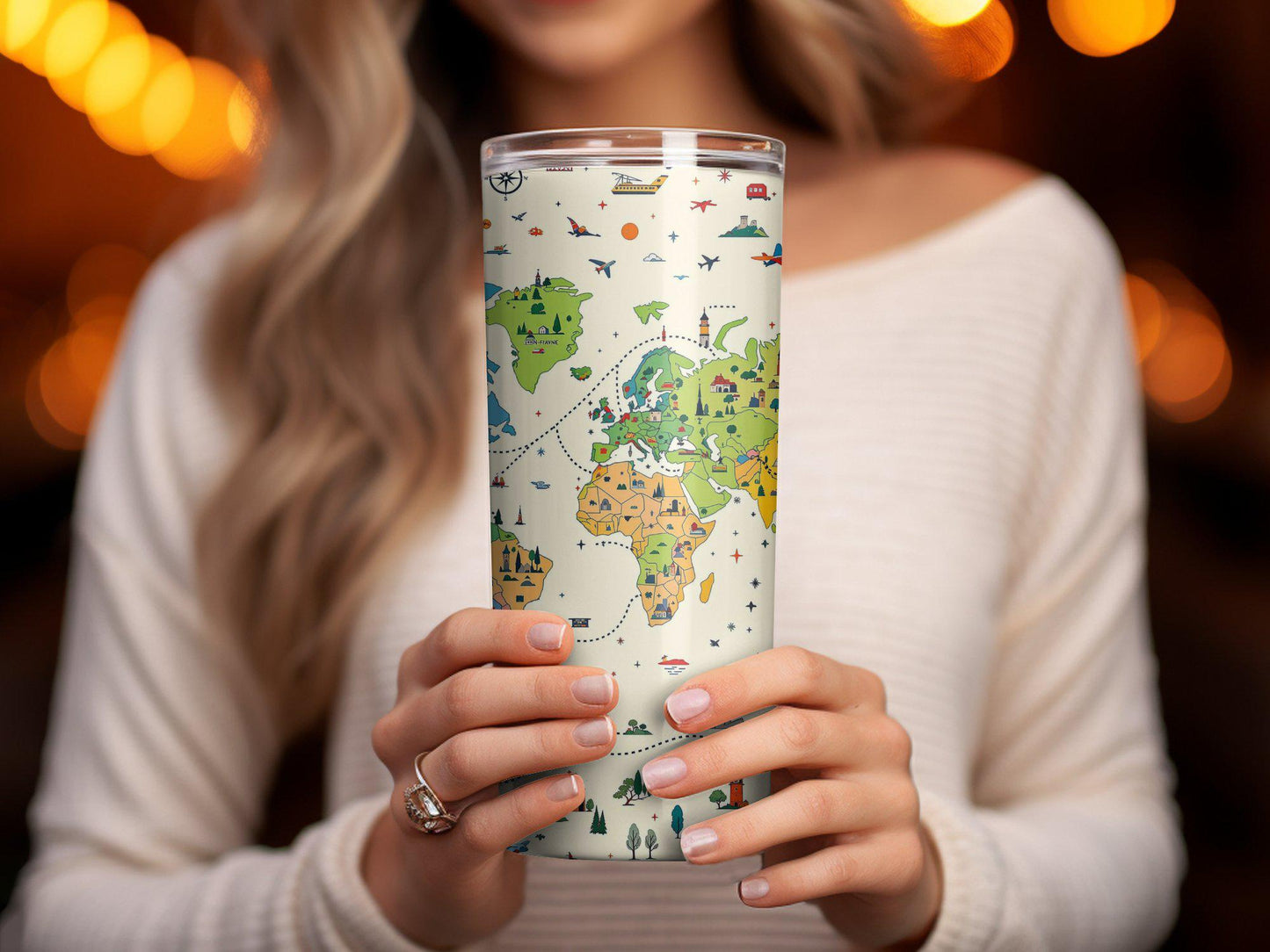 World Map Tumbler, Travel Themed Tumbler, Adventure Map Tumbler, Colorful World Travel Mug, Wanderlust Tumbler, Gift for Travelers