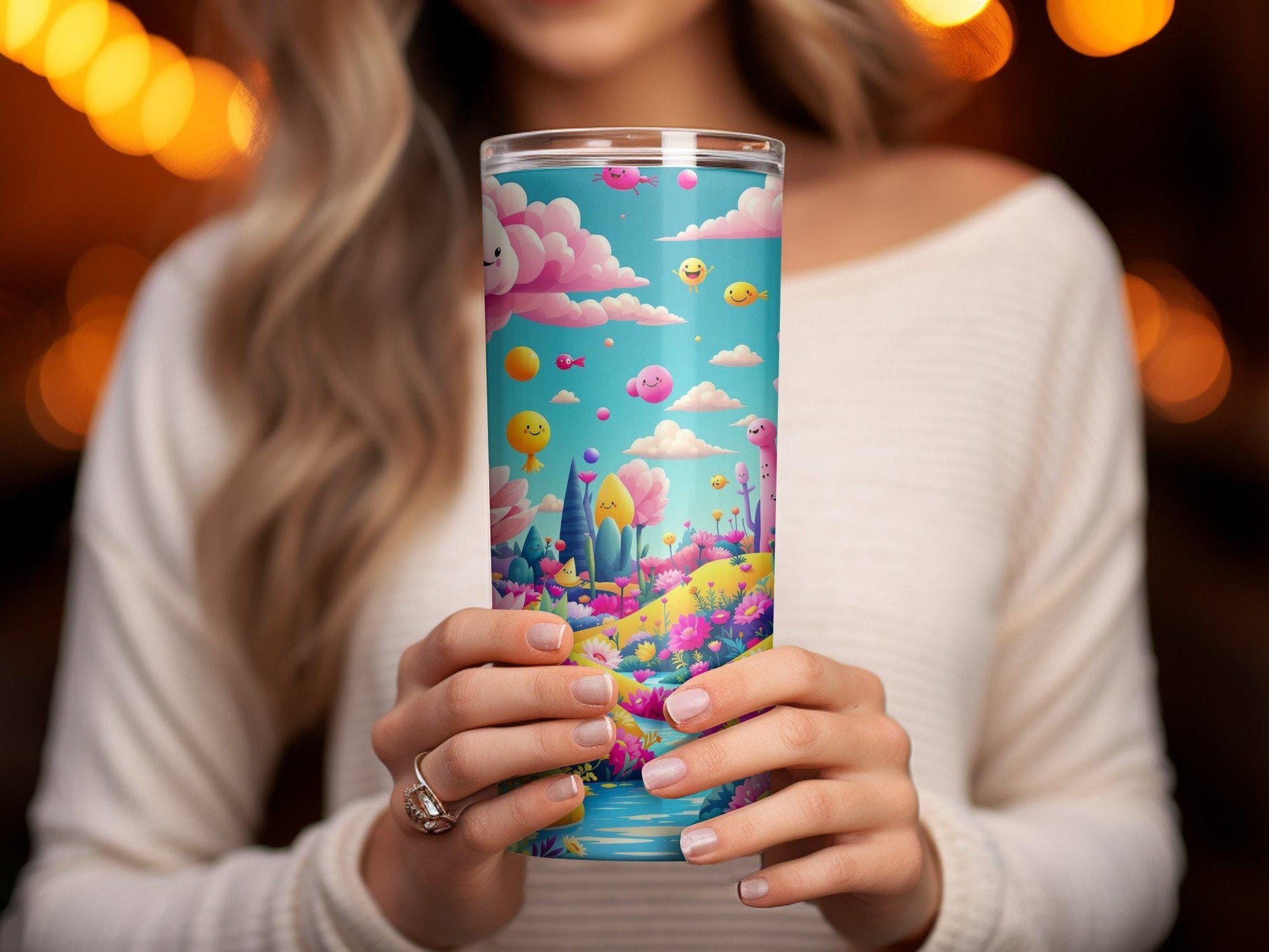 Cute Pastel Fantasy Happy Face Tumbler, Colorful Whimsical Nature Design with Smiling Clouds, Lotus Flowers, Perfect Gift