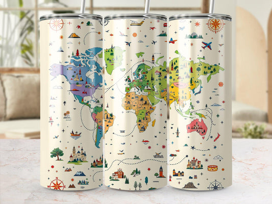 World Map Tumbler, Travel Themed Tumbler, Adventure Map Tumbler, Colorful World Travel Mug, Wanderlust Tumbler, Gift for Travelers