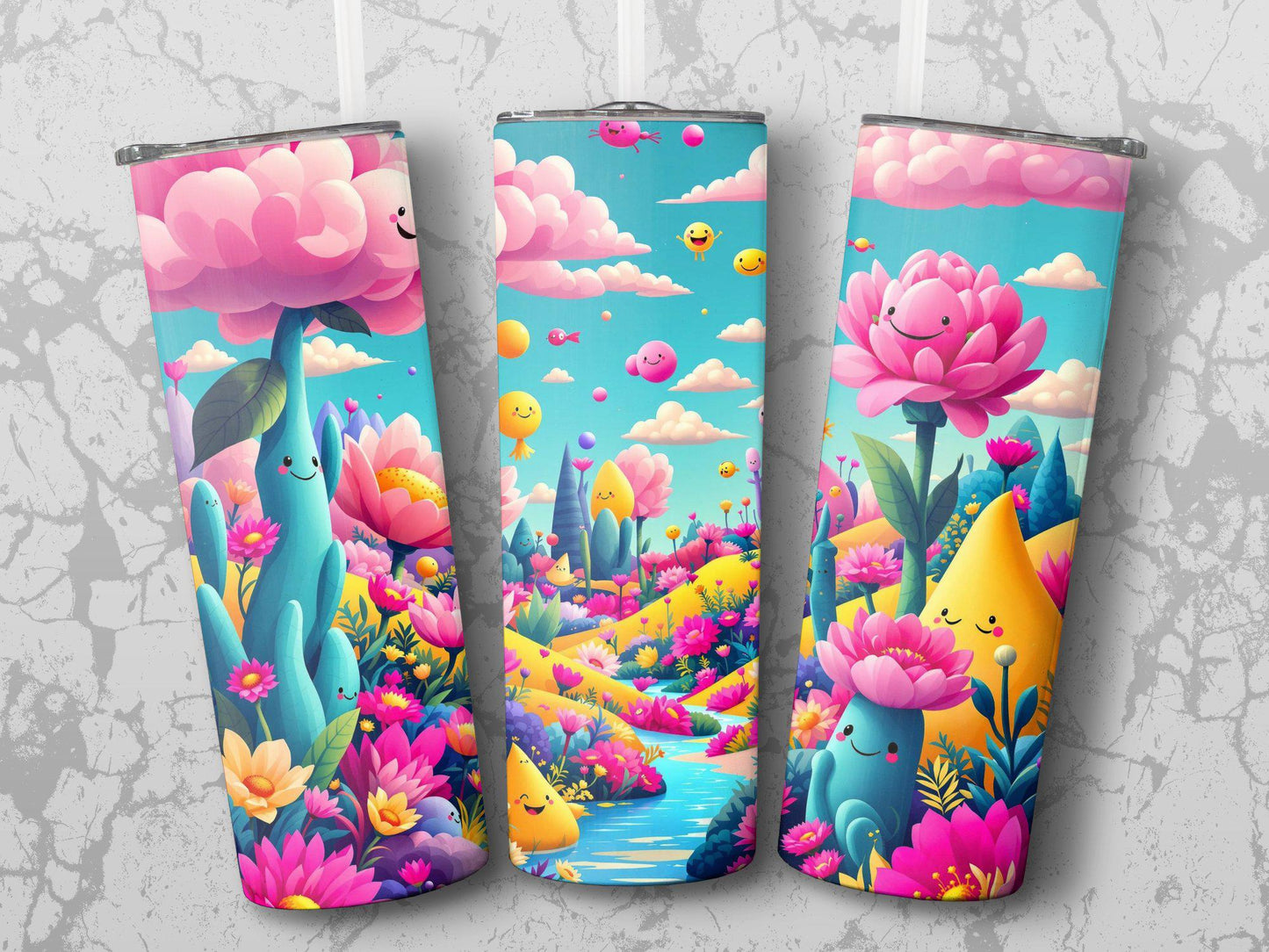 Cute Pastel Fantasy Happy Face Tumbler, Colorful Whimsical Nature Design with Smiling Clouds, Lotus Flowers, Perfect Gift