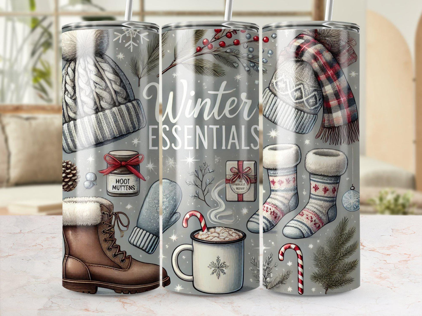 Winter Essentials Tumbler with Cozy Hot Chocolate Winter Accessories Festive Mugs Warm Mittens Cute Socks Great Gift Idea