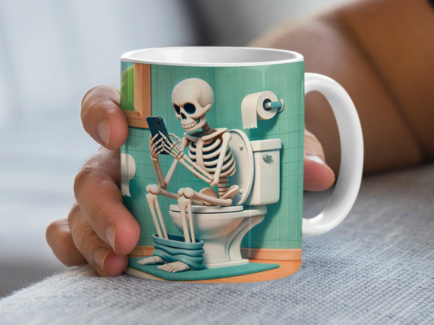 Funny Skeleton Mug, Doing That Shit, Skeleton On Toilet Mug, Humor Mug, Skeleton Playing Phone, Unique Gift Mug