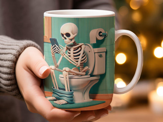 Funny Skeleton Mug, Skeleton on Toilet Mug, Humor Skeleton Bathroom Mug, Skeleton Playing on Phone, Doing That Shit Mug, Doing that Shit