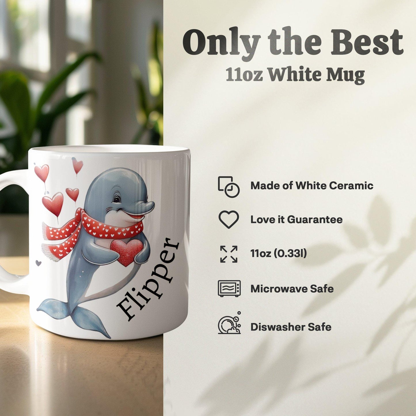 Personalized Cute Dolphin and Heart Mug, Valentine Dolphin Mug, Adorable Animal Mug, Heartwarming Gift Mug, Fun Dolphin Lover Mug