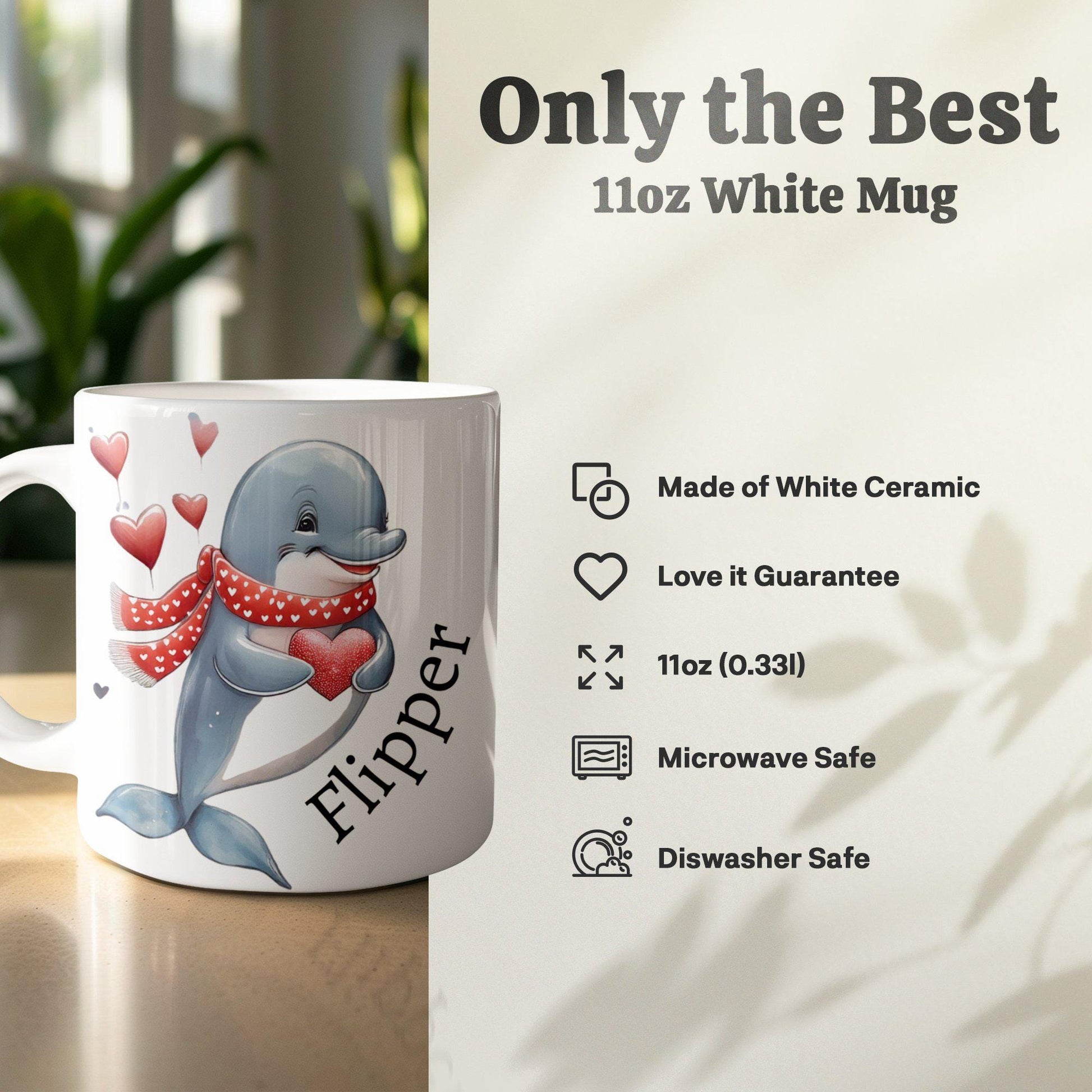 Personalized Cute Dolphin and Heart Mug, Valentine Dolphin Mug, Adorable Animal Mug, Heartwarming Gift Mug, Fun Dolphin Lover Mug