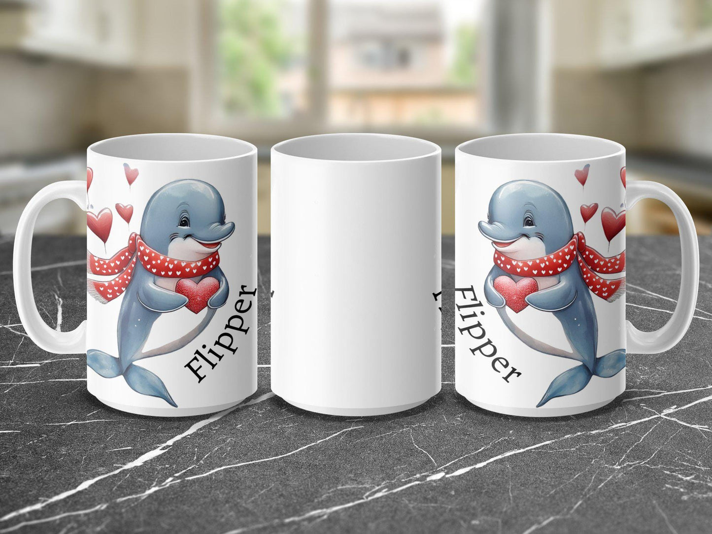 Personalized Cute Dolphin and Heart Mug, Valentine Dolphin Mug, Adorable Animal Mug, Heartwarming Gift Mug, Fun Dolphin Lover Mug