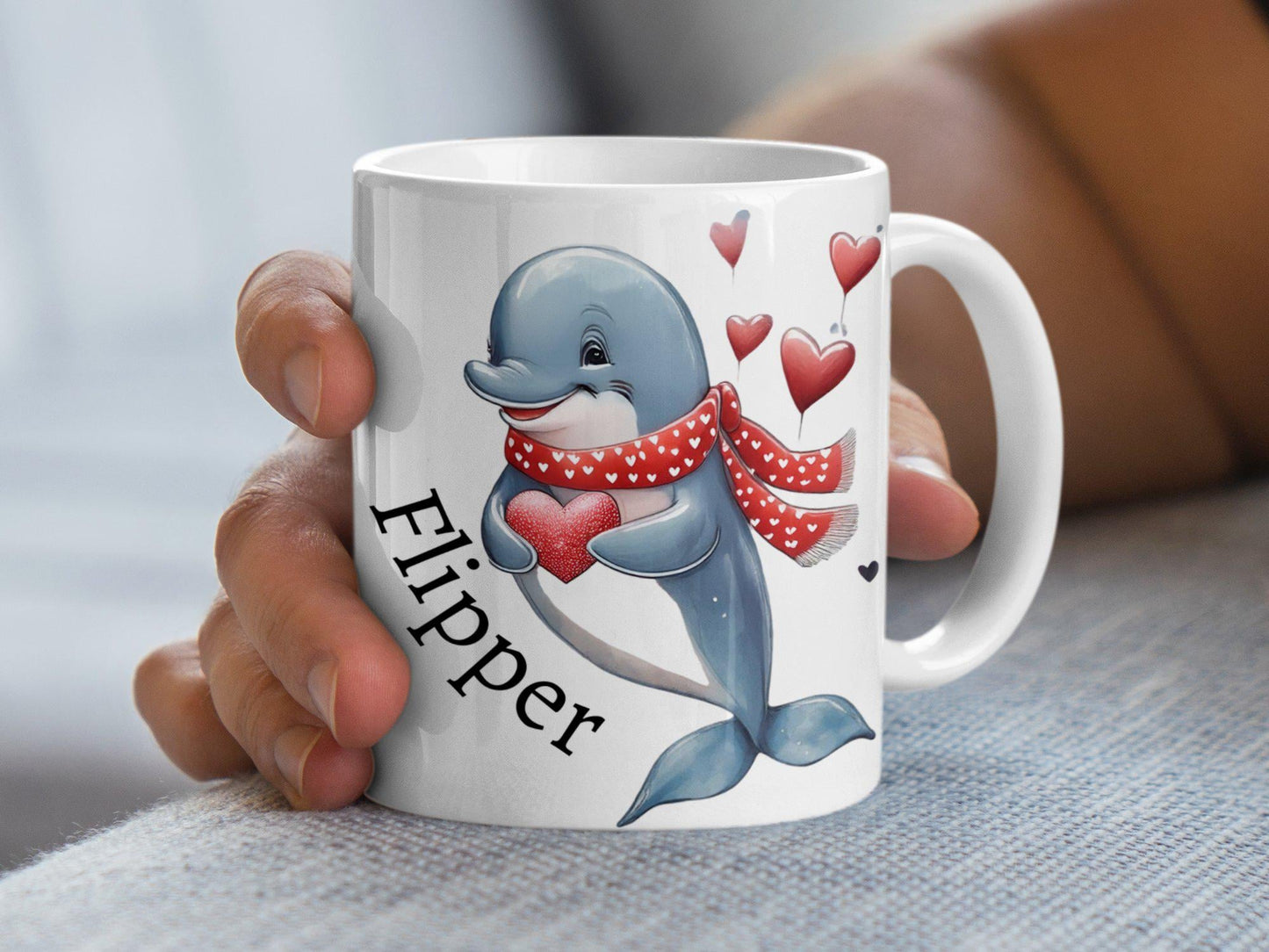 Personalized Cute Dolphin and Heart Mug, Valentine Dolphin Mug, Adorable Animal Mug, Heartwarming Gift Mug, Fun Dolphin Lover Mug