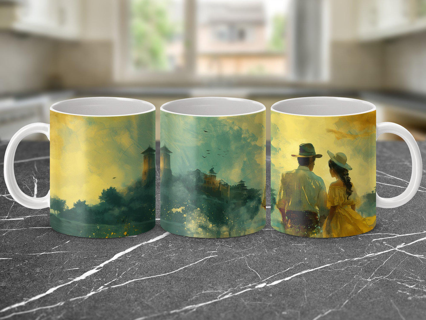 Romantic Watercolor Mug, Couple by Landscape Art, 11oz & 15oz Ceramic Mug, White or Accent Colors, Gift for Art Lovers