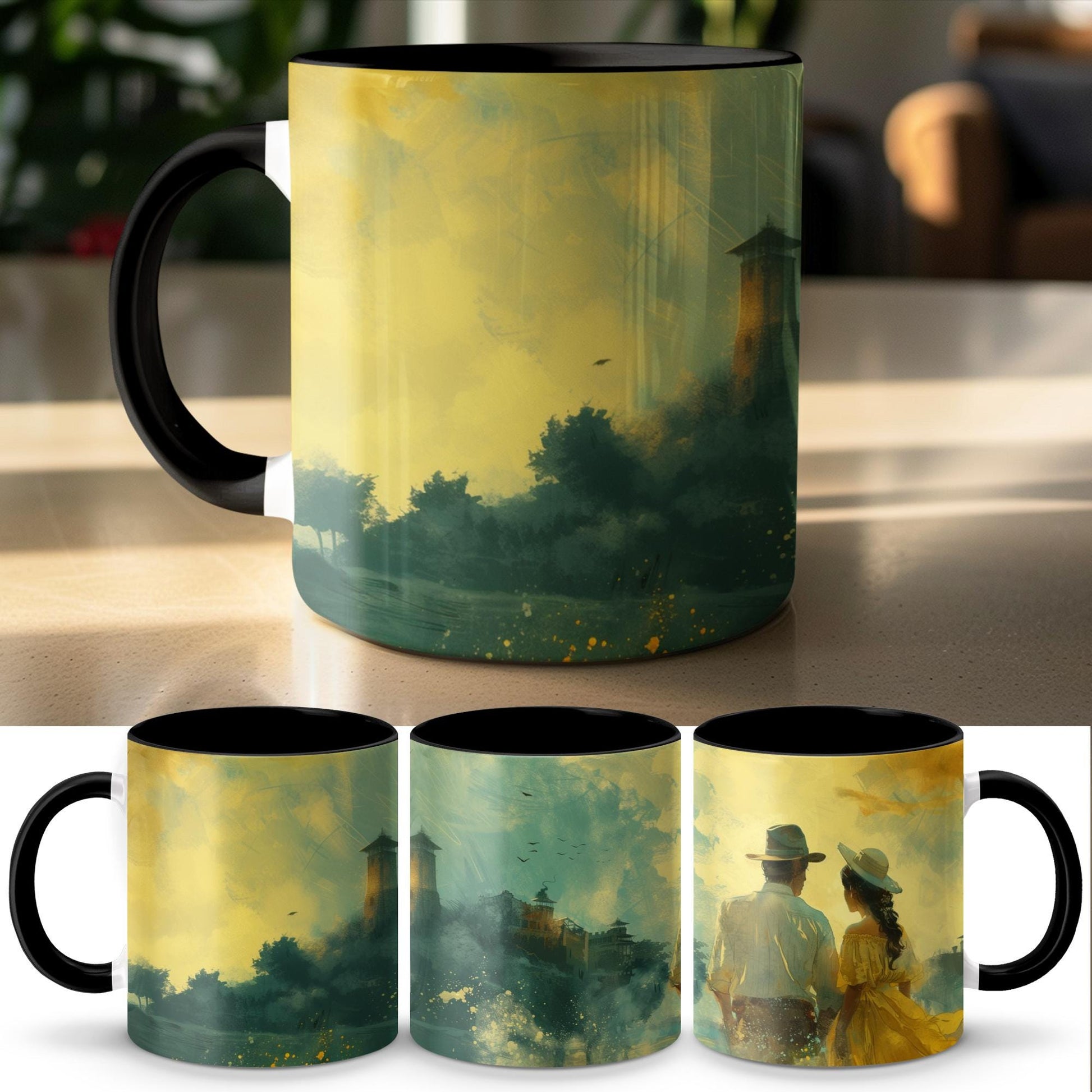 Romantic Watercolor Mug, Couple by Landscape Art, 11oz & 15oz Ceramic Mug, White or Accent Colors, Gift for Art Lovers