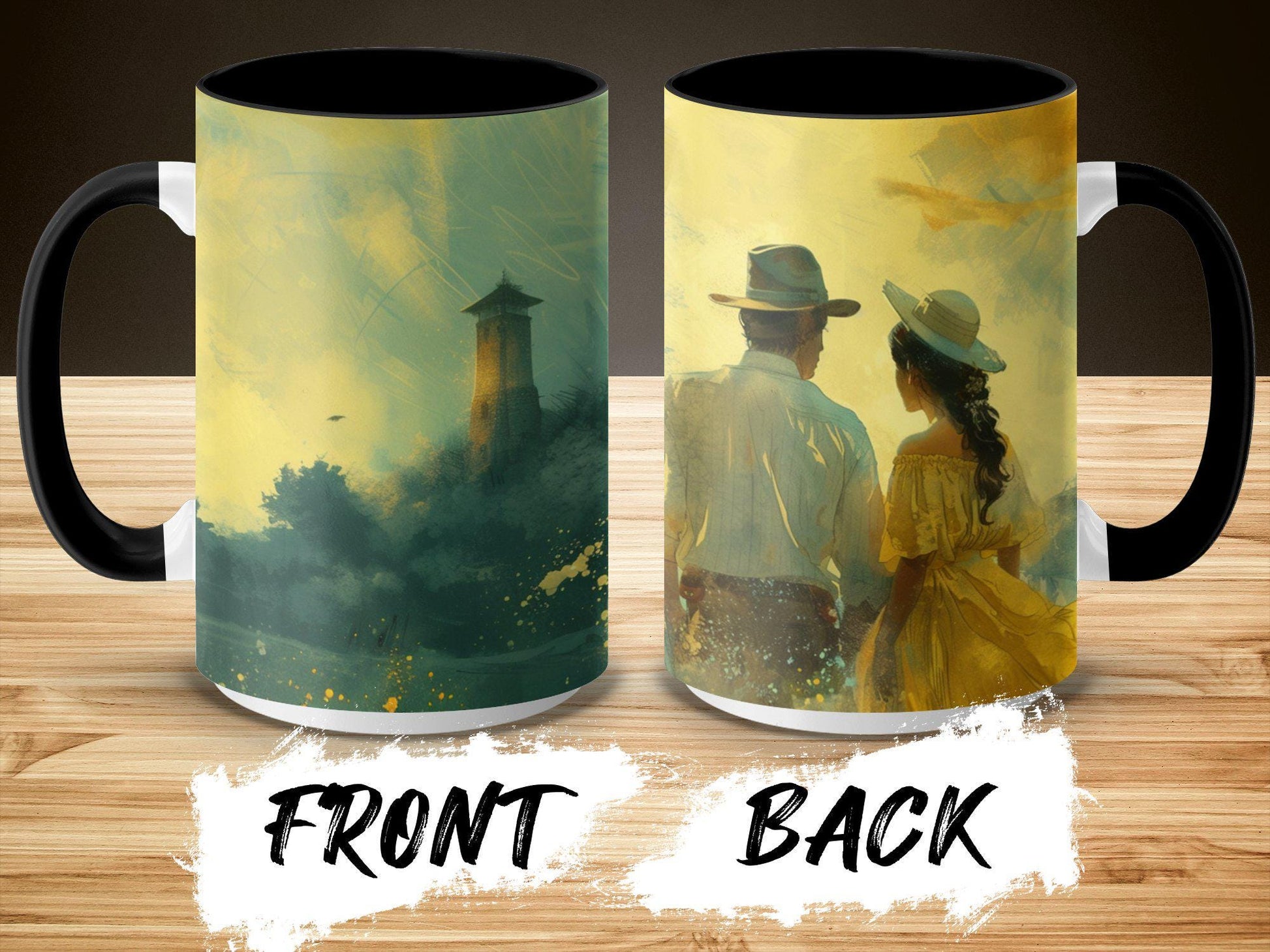 Romantic Watercolor Mug, Couple by Landscape Art, 11oz & 15oz Ceramic Mug, White or Accent Colors, Gift for Art Lovers