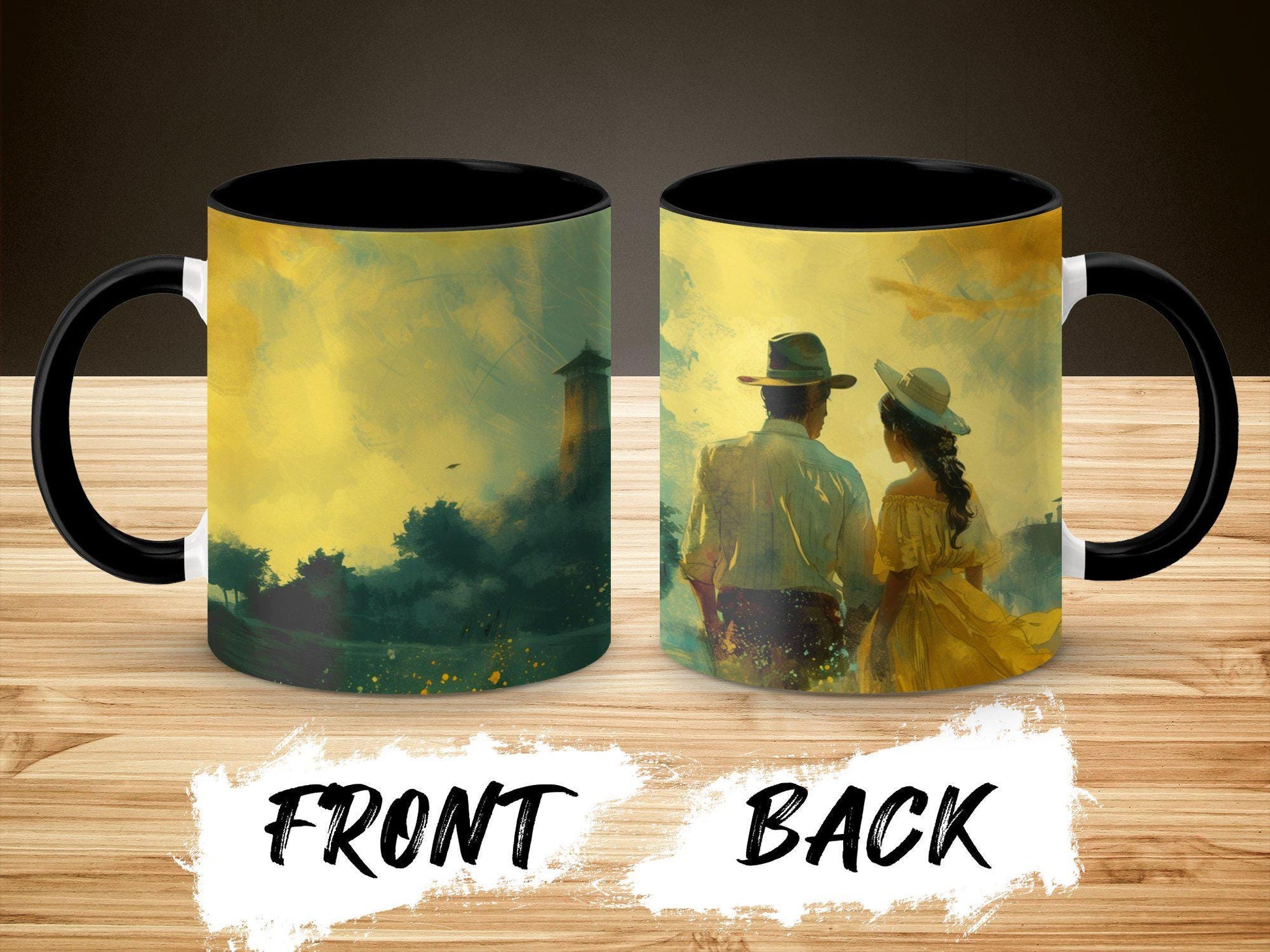 Romantic Watercolor Mug, Couple by Landscape Art, 11oz & 15oz Ceramic Mug, White or Accent Colors, Gift for Art Lovers