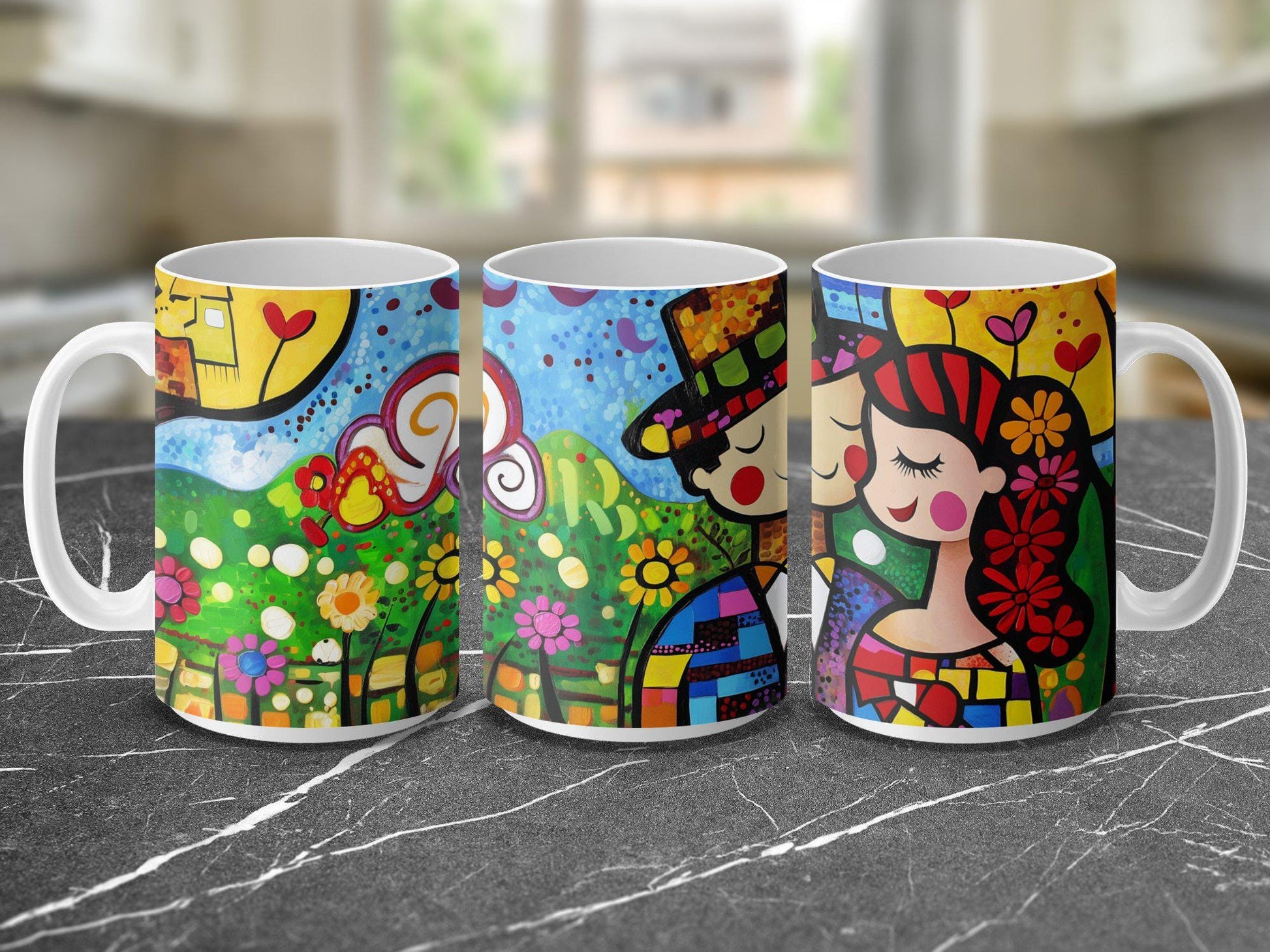 Romantic Spring Couple Mug, Colorful Abstract Art Coffee Cup, 11oz & 15oz Ceramic Mug, White or Accent Colors, Gift for Art Lover