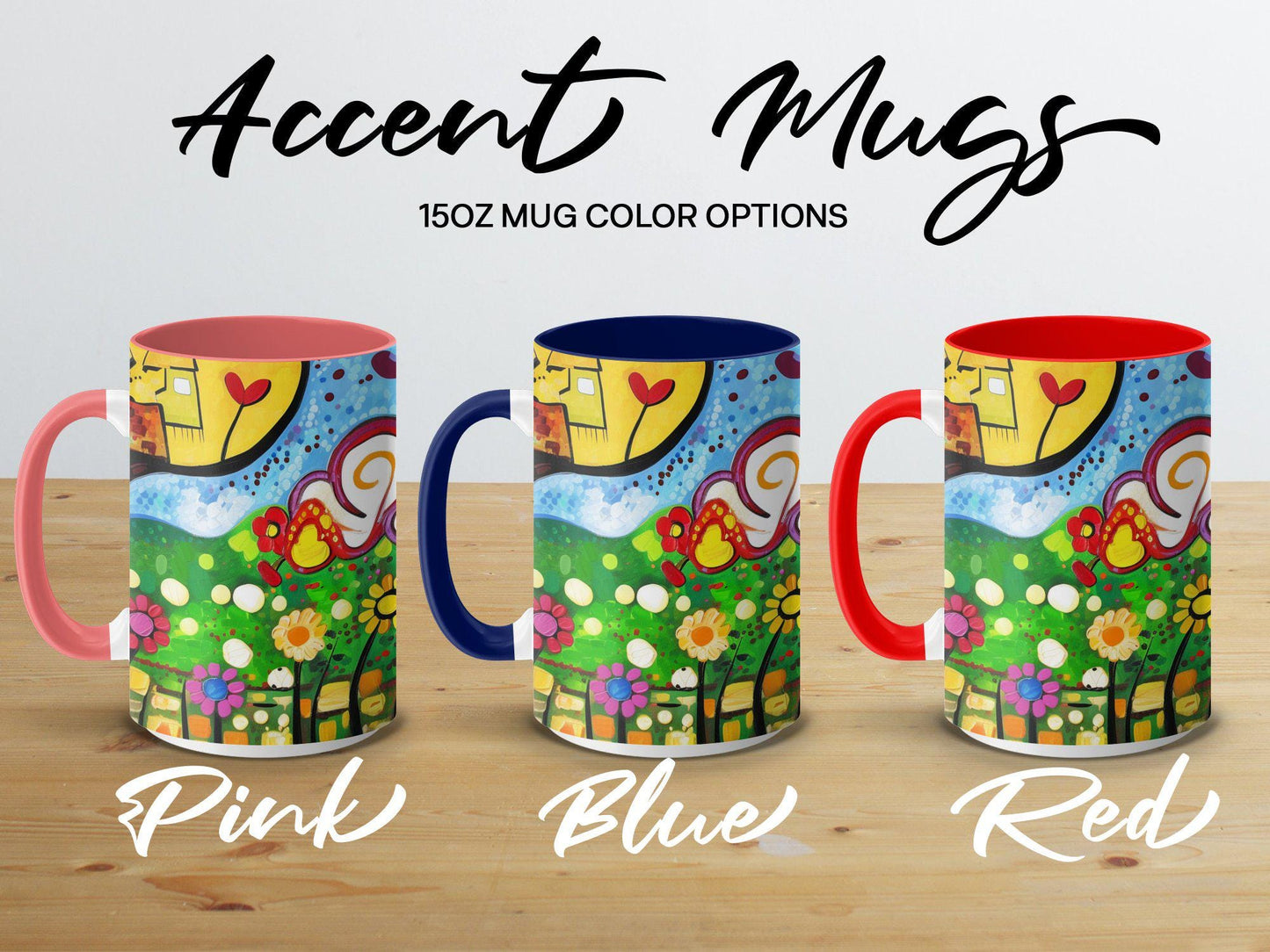 Romantic Spring Couple Mug, Colorful Abstract Art Coffee Cup, 11oz & 15oz Ceramic Mug, White or Accent Colors, Gift for Art Lover