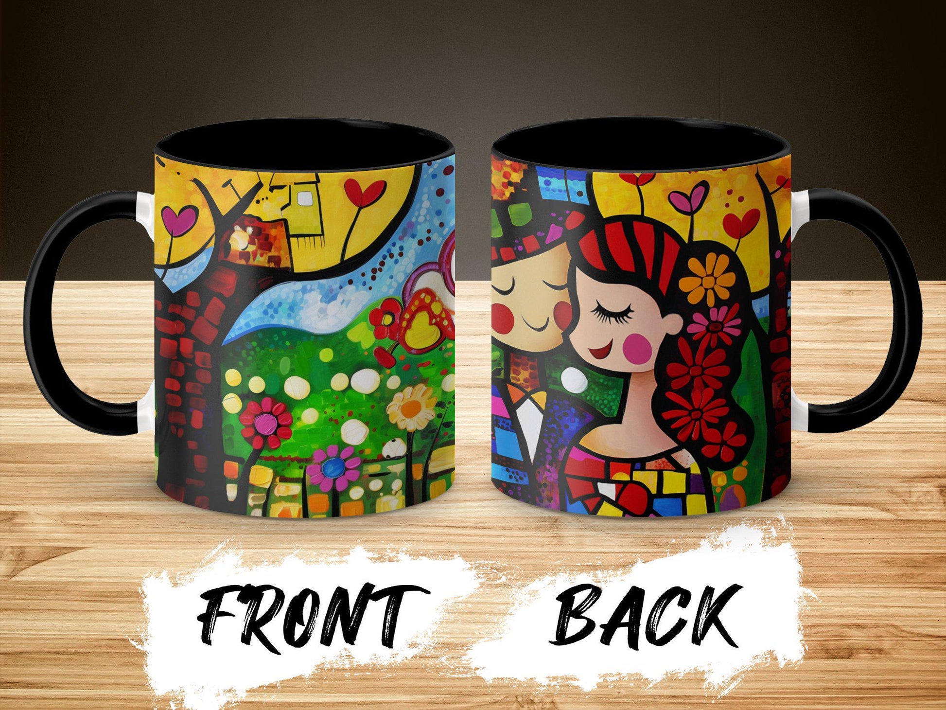 Romantic Spring Couple Mug, Colorful Abstract Art Coffee Cup, 11oz & 15oz Ceramic Mug, White or Accent Colors, Gift for Art Lover