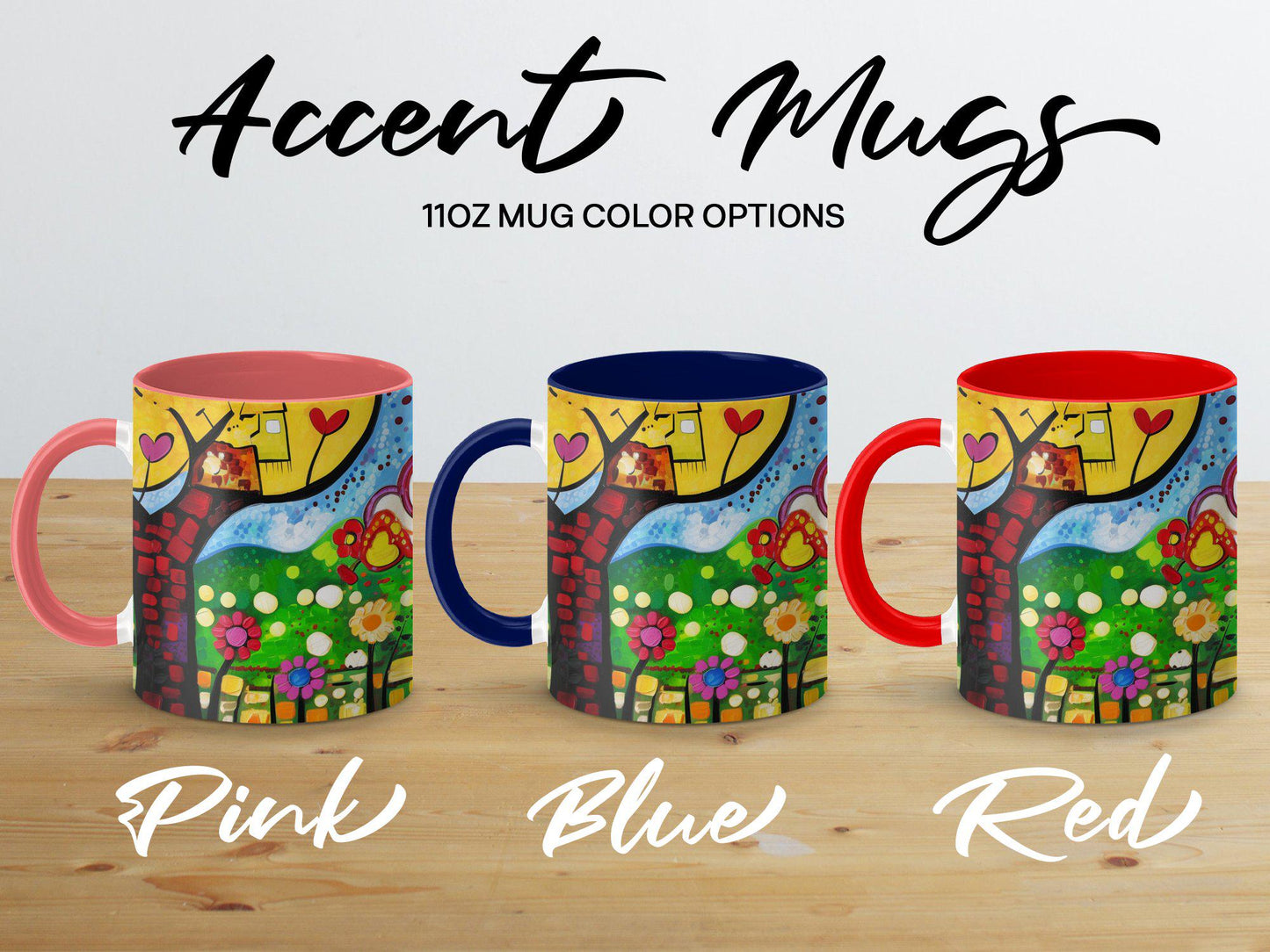 Romantic Spring Couple Mug, Colorful Abstract Art Coffee Cup, 11oz & 15oz Ceramic Mug, White or Accent Colors, Gift for Art Lover