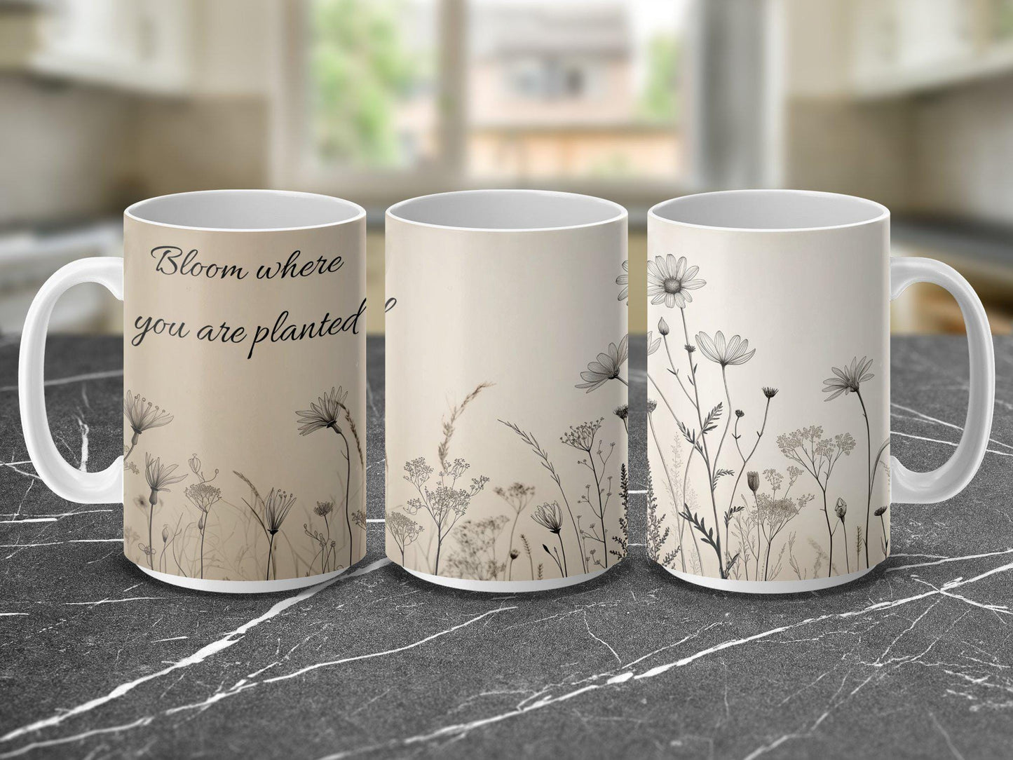 Wildflower Mug, Black Ink Botanical Coffee Cup, 11oz & 15oz Ceramic Mug, White or Accent Colors, Minimalist Nature Gift