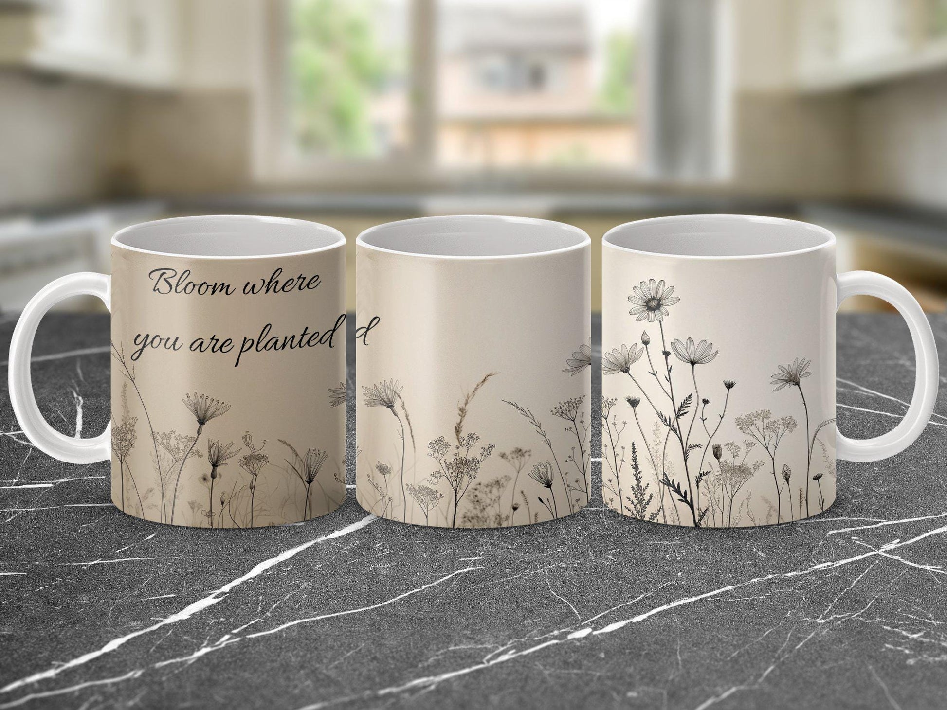 Wildflower Mug, Black Ink Botanical Coffee Cup, 11oz & 15oz Ceramic Mug, White or Accent Colors, Minimalist Nature Gift