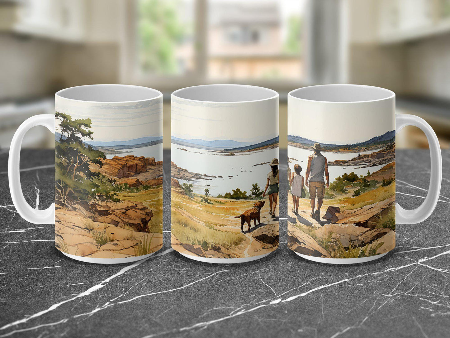 Family Lake Walk Mug, Watercolor Art Coffee Cup, 11oz & 15oz Ceramic Mug, White or Accent Colors, Nature Lover Gift