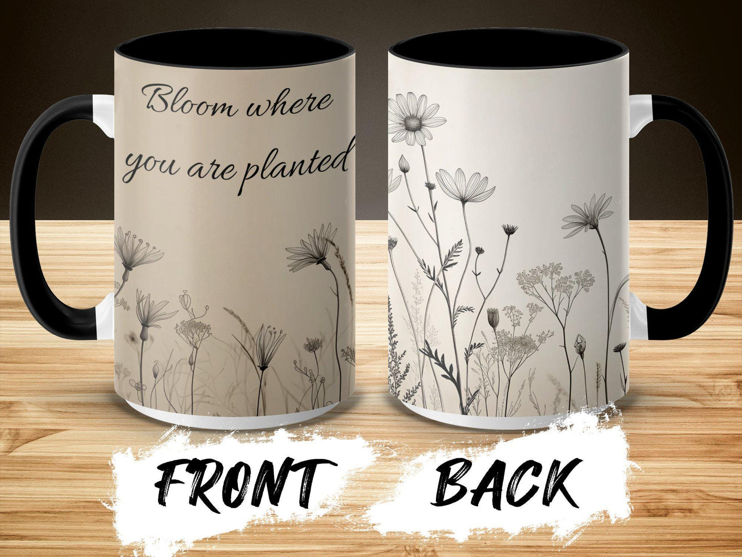 Wildflower Mug, Black Ink Botanical Coffee Cup, 11oz & 15oz Ceramic Mug, White or Accent Colors, Minimalist Nature Gift