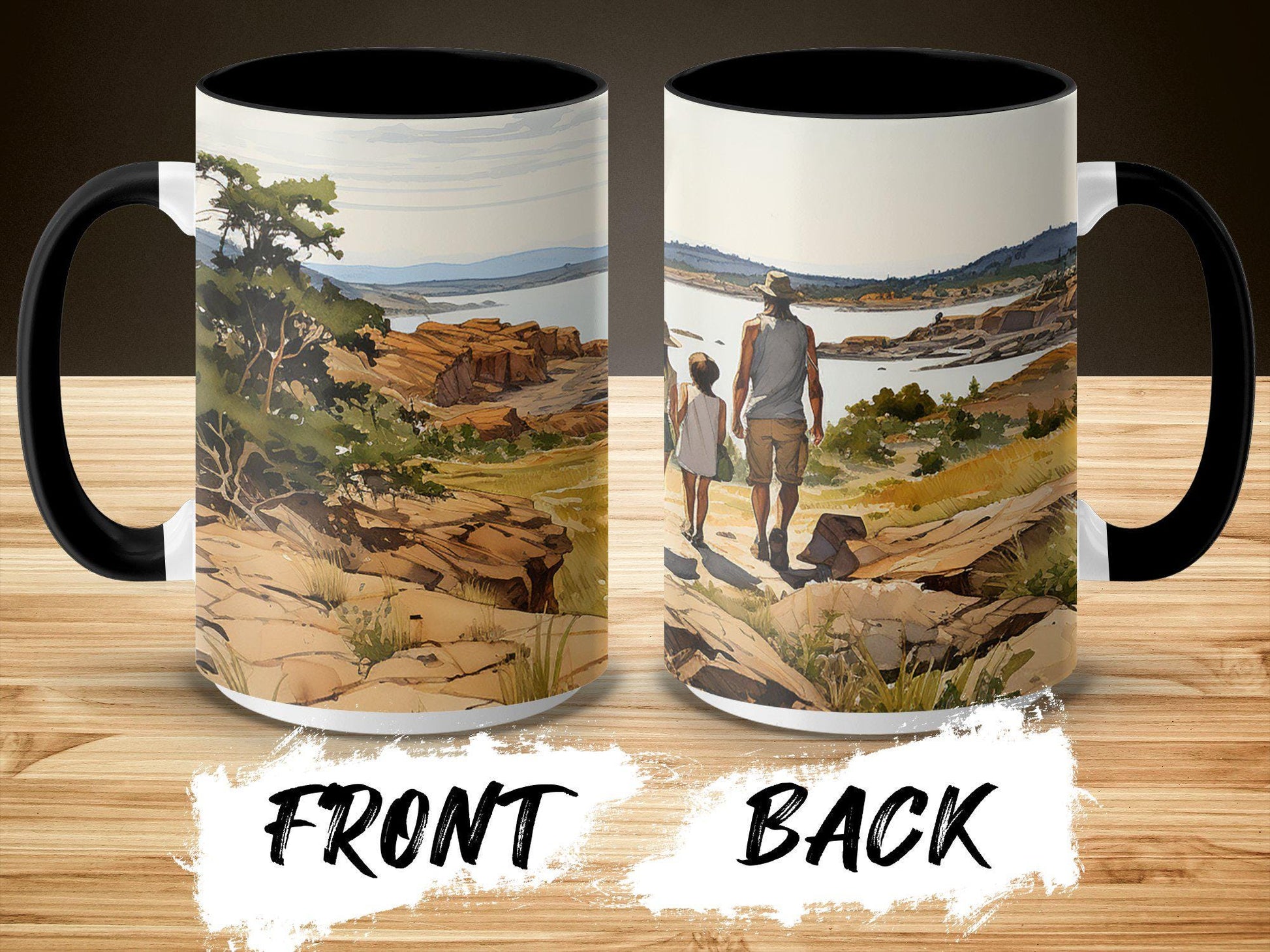 Family Lake Walk Mug, Watercolor Art Coffee Cup, 11oz & 15oz Ceramic Mug, White or Accent Colors, Nature Lover Gift