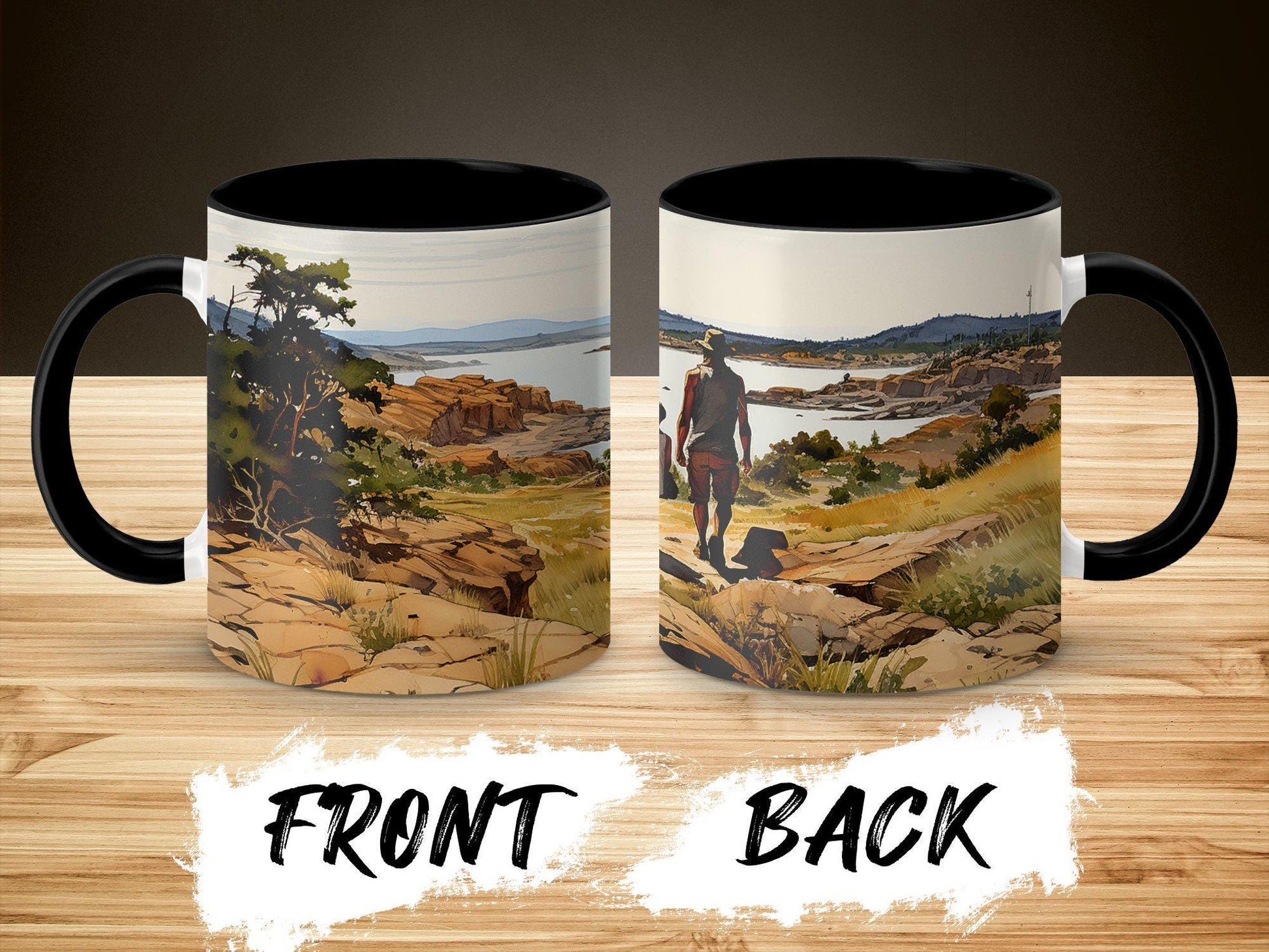 Family Lake Walk Mug, Watercolor Art Coffee Cup, 11oz & 15oz Ceramic Mug, White or Accent Colors, Nature Lover Gift