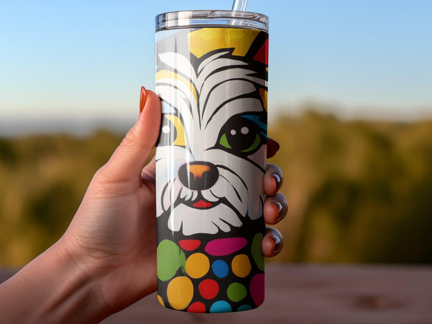 Shih Tzu Art Tumbler, Colorful Dog Design, 20oz Stainless Steel, Unique Gift, Artistic Travel Mug with Straw