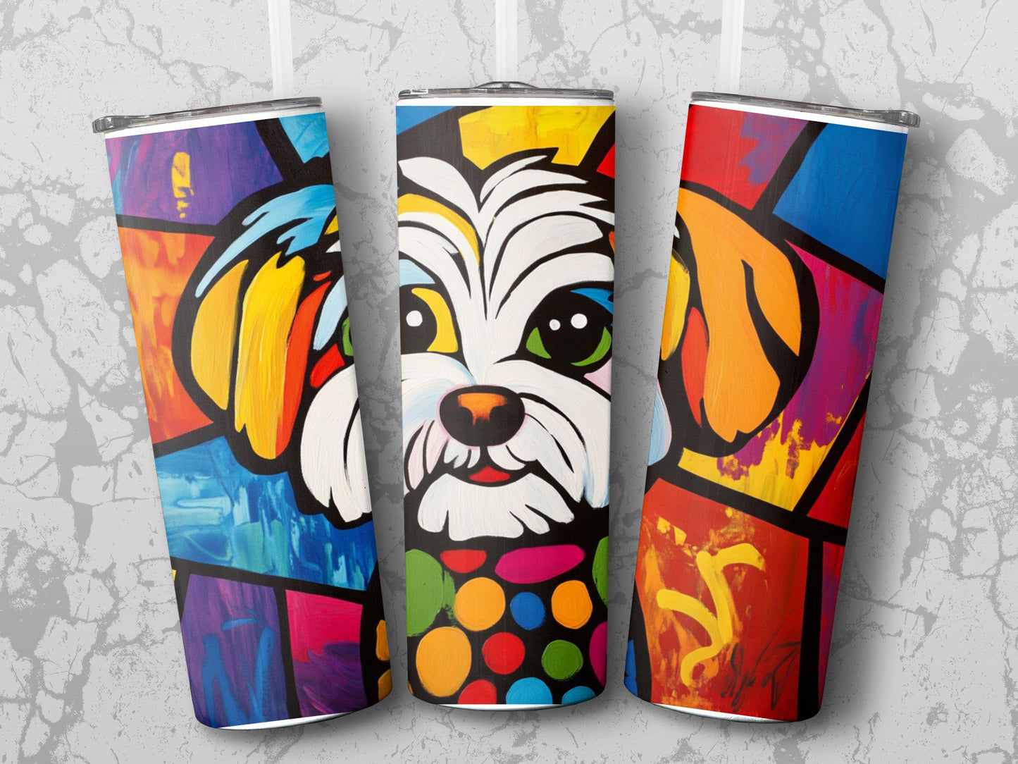 Shih Tzu Art Tumbler, Colorful Dog Design, 20oz Stainless Steel, Unique Gift, Artistic Travel Mug with Straw