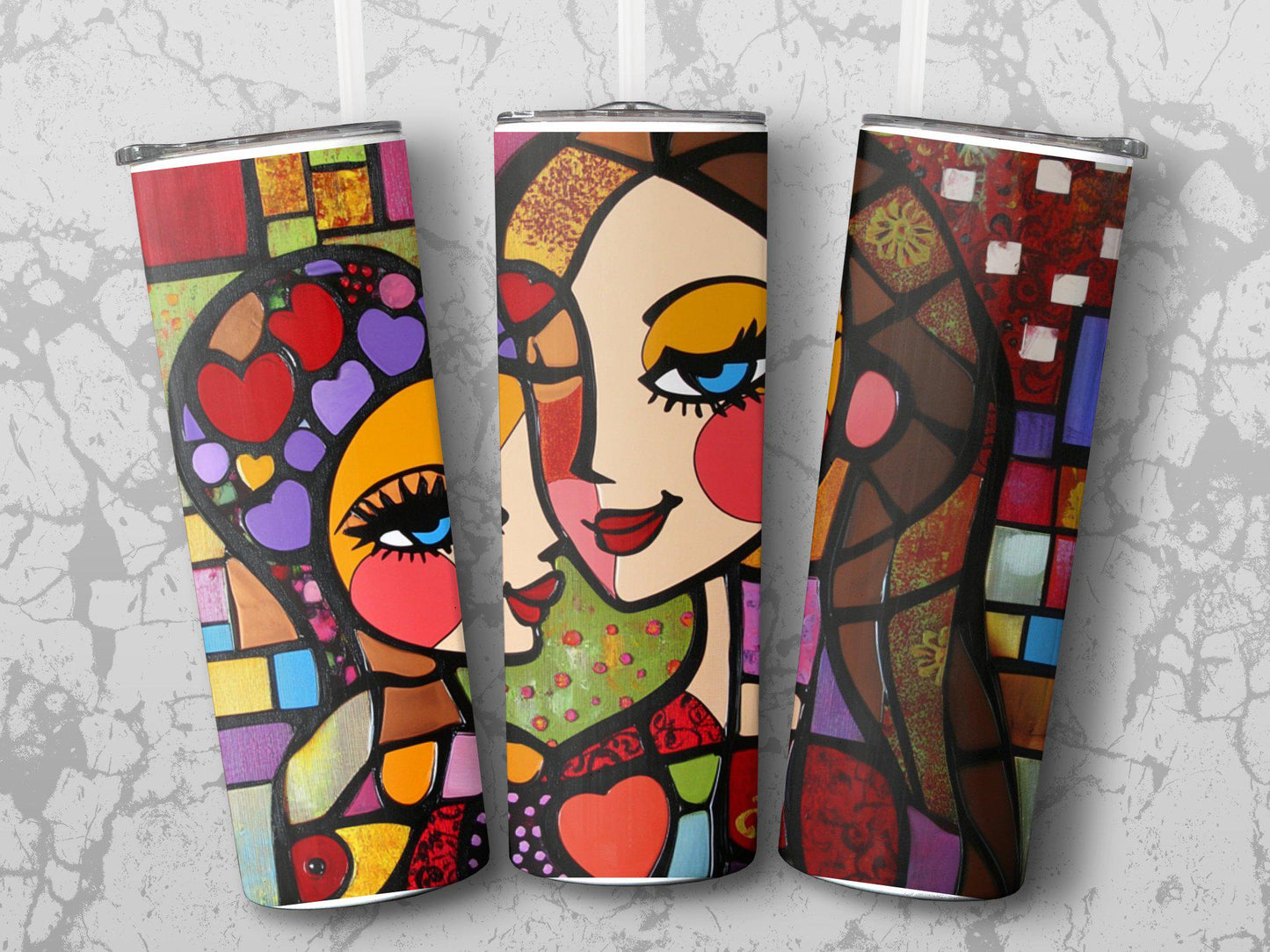 Modern art tumbler, colorful woman design, abstract faces tumbler, unique gift, mother daughter tumbler, vibrant art, tumbler