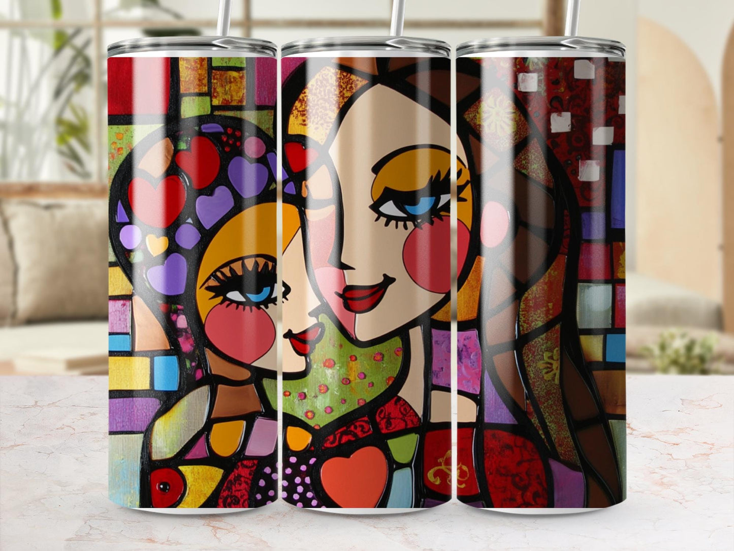 Modern art tumbler, colorful woman design, abstract faces tumbler, unique gift, mother daughter tumbler, vibrant art, tumbler