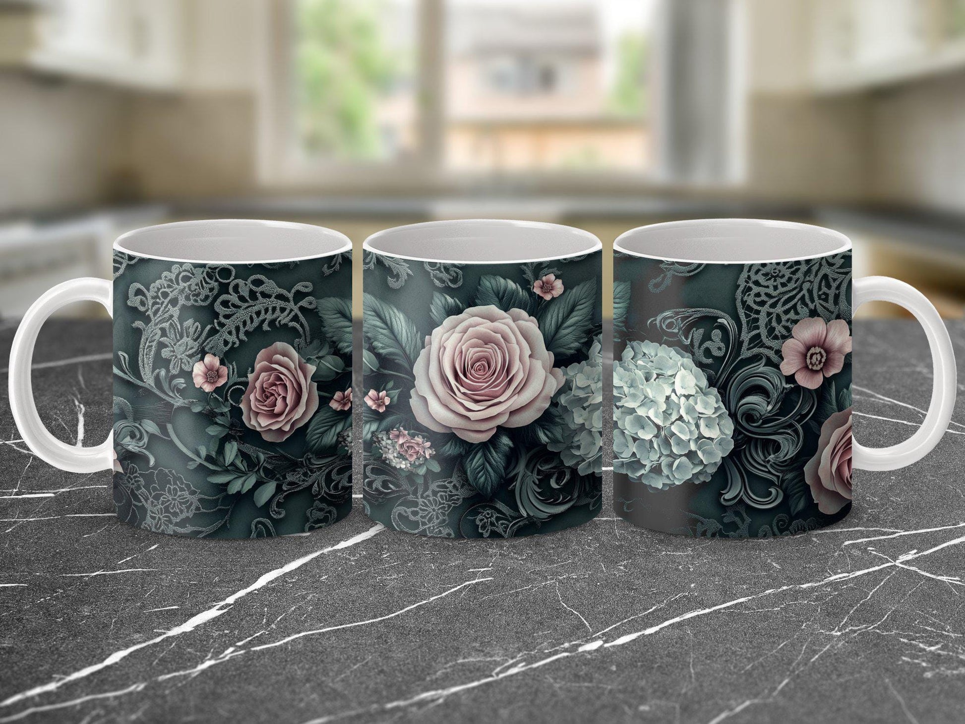 Dark Green Floral Lace Mug, Elegant Coffee Cup, 11oz & 15oz Ceramic Mug, White or Accent Colors, Romantic Gift Idea