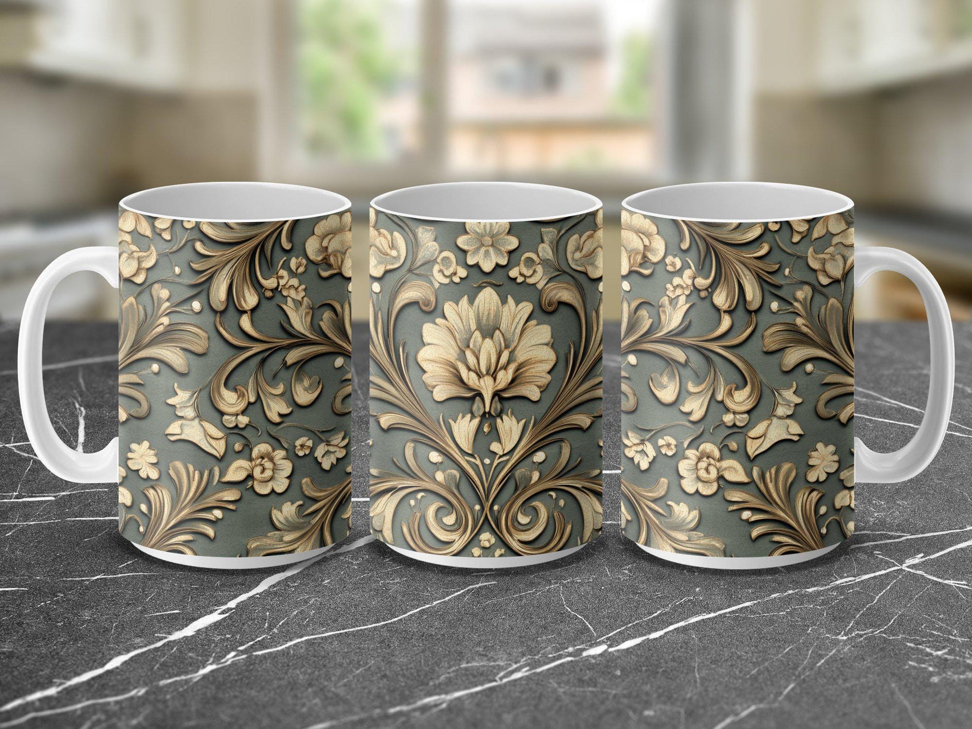 Gold Ornamental Floral Mug, Elegant Coffee Cup, 11oz & 15oz Ceramic Mug, White or Accent Colors, Luxury Gift Idea