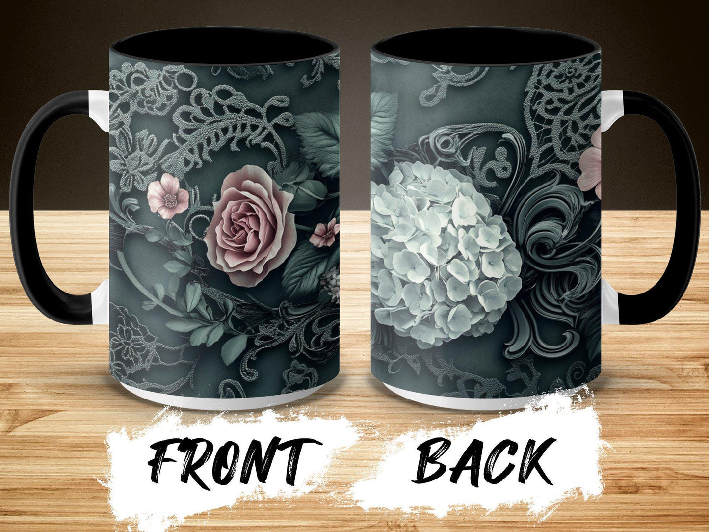 Dark Green Floral Lace Mug, Elegant Coffee Cup, 11oz & 15oz Ceramic Mug, White or Accent Colors, Romantic Gift Idea