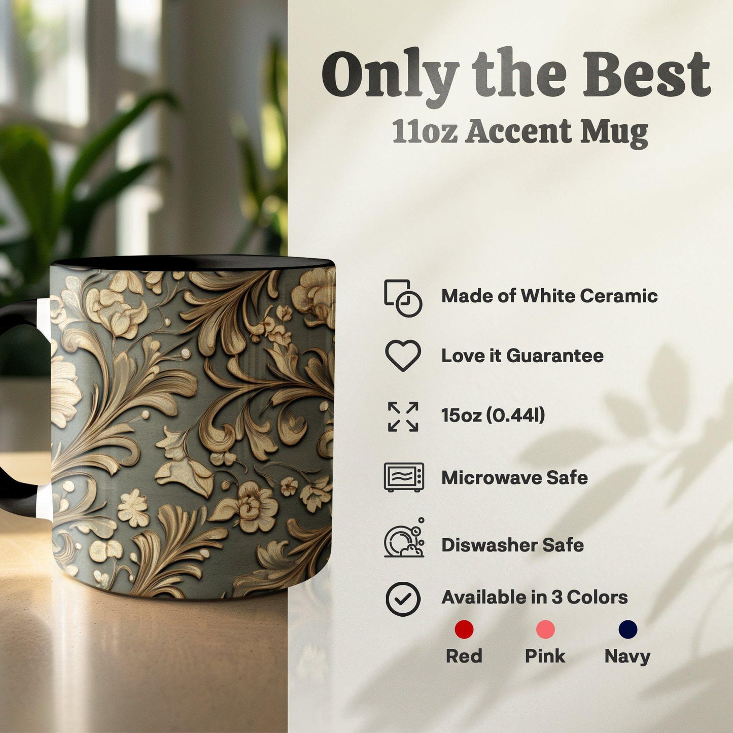 Gold Ornamental Floral Mug, Elegant Coffee Cup, 11oz & 15oz Ceramic Mug, White or Accent Colors, Luxury Gift Idea