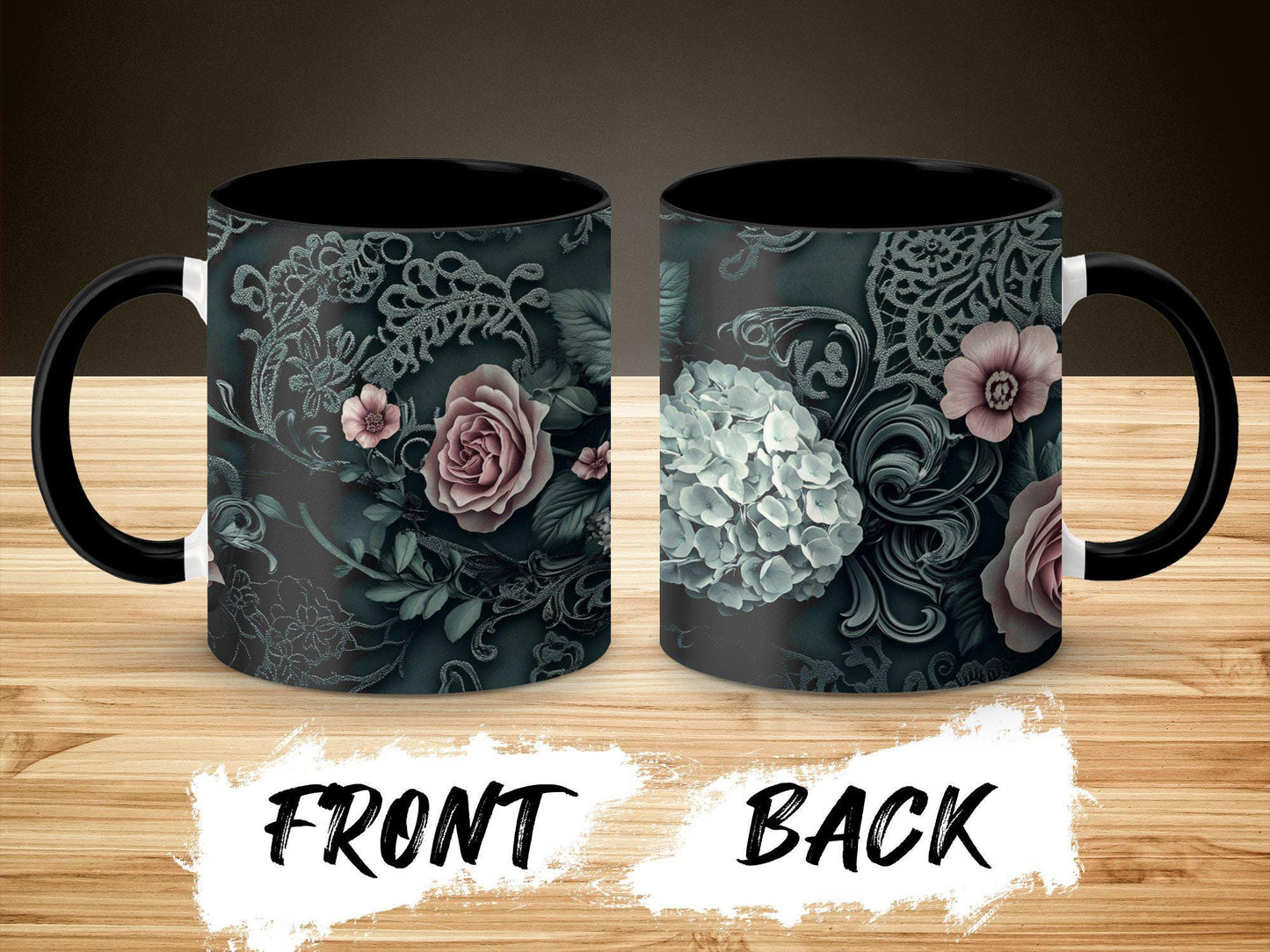 Dark Green Floral Lace Mug, Elegant Coffee Cup, 11oz & 15oz Ceramic Mug, White or Accent Colors, Romantic Gift Idea