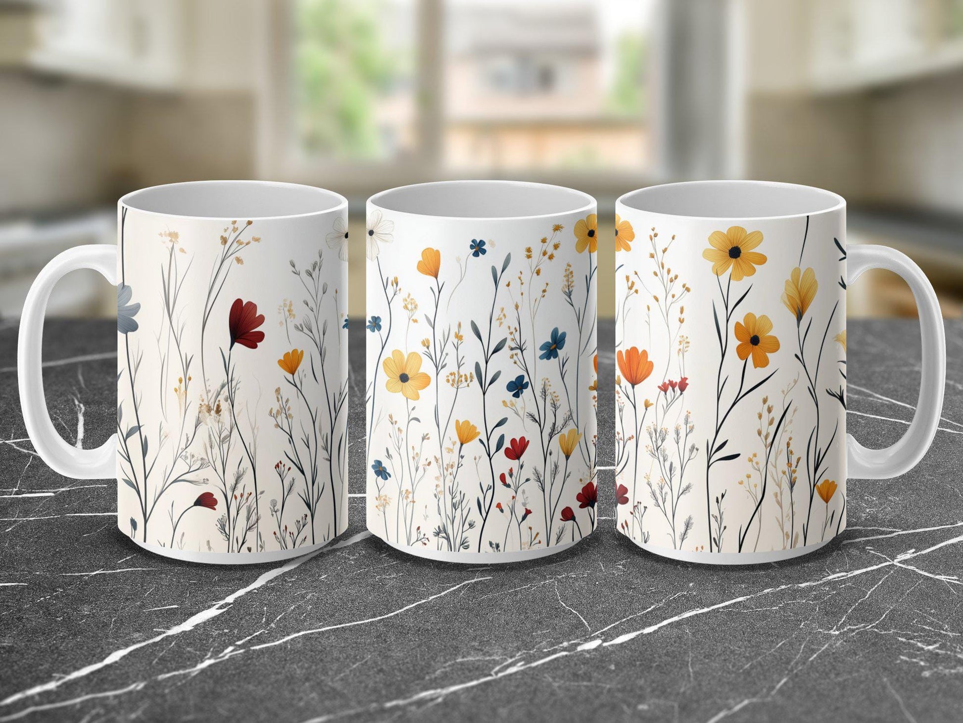 Wildflower Art Mug, Colorful Nature Coffee Cup, 11oz & 15oz Ceramic Mug, Floral Design Mug, Gift for Nature Lovers